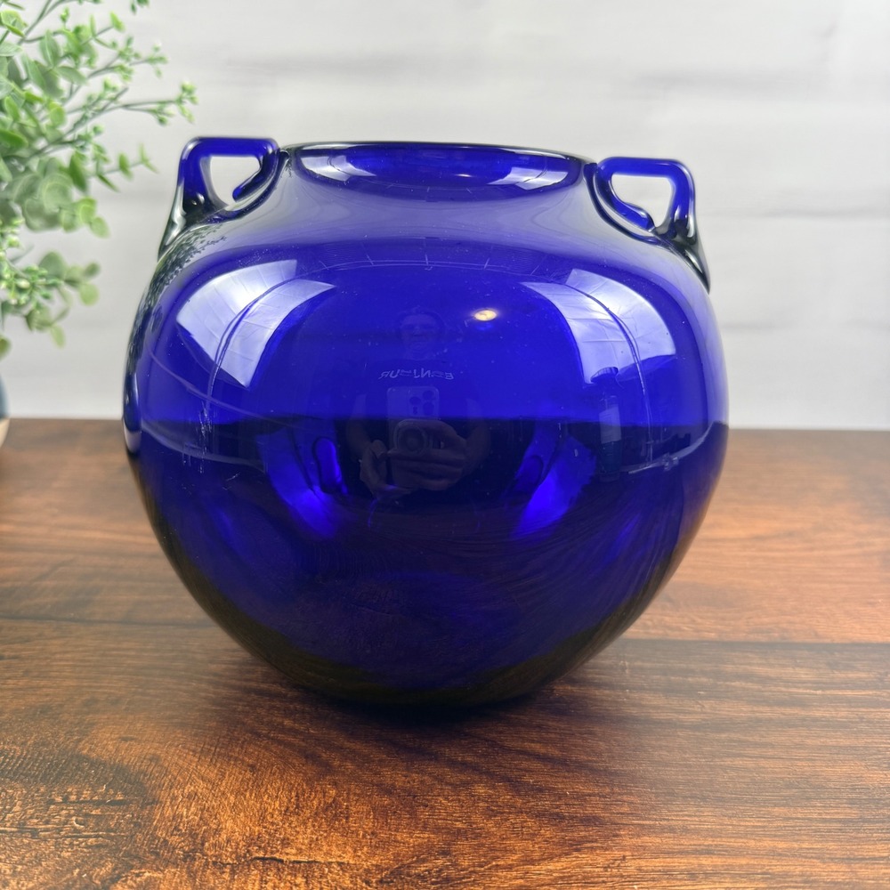 Blenko #68 Cobalt Blue Glass Rose Bowl Pre-Designer Two Handle 1930s
